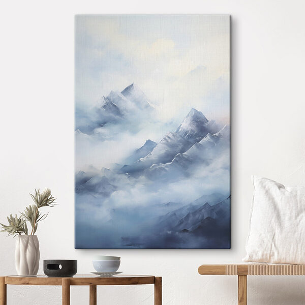 Painting of mountains in the clouds