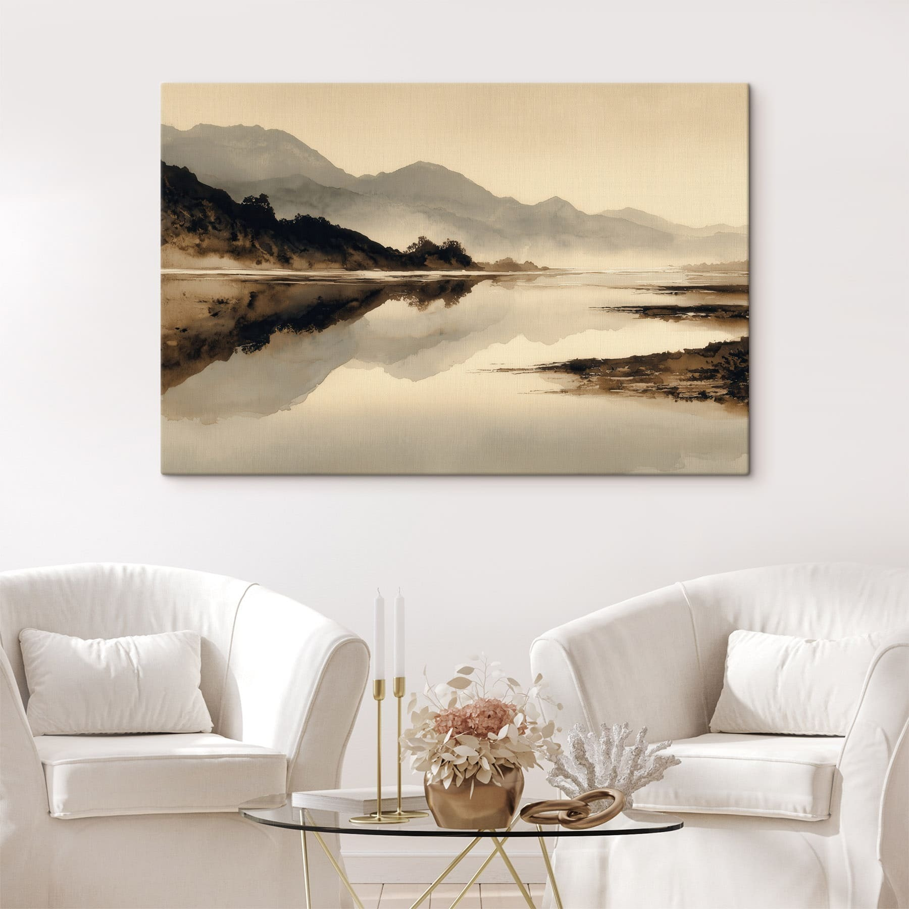 Watercolor painting of a lake with mountains in the background