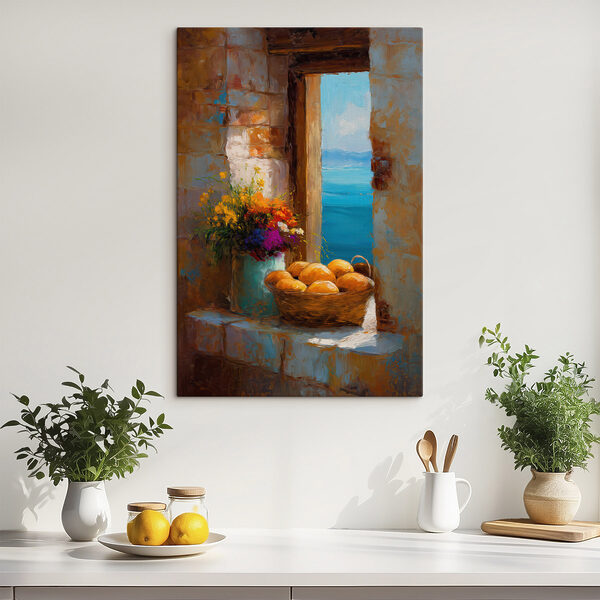 Basket of flowers and a vase of bread
