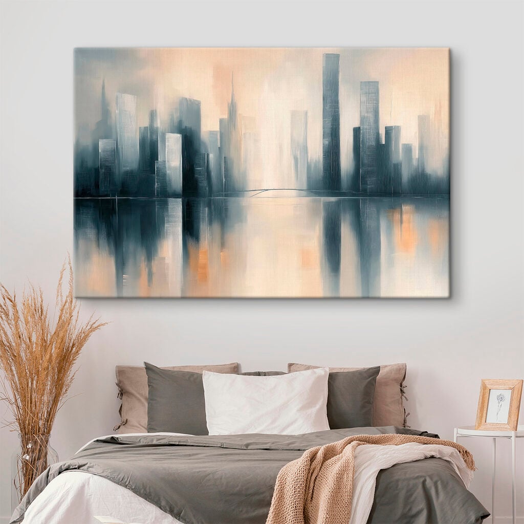 City skyline with tall buildings reflected in water