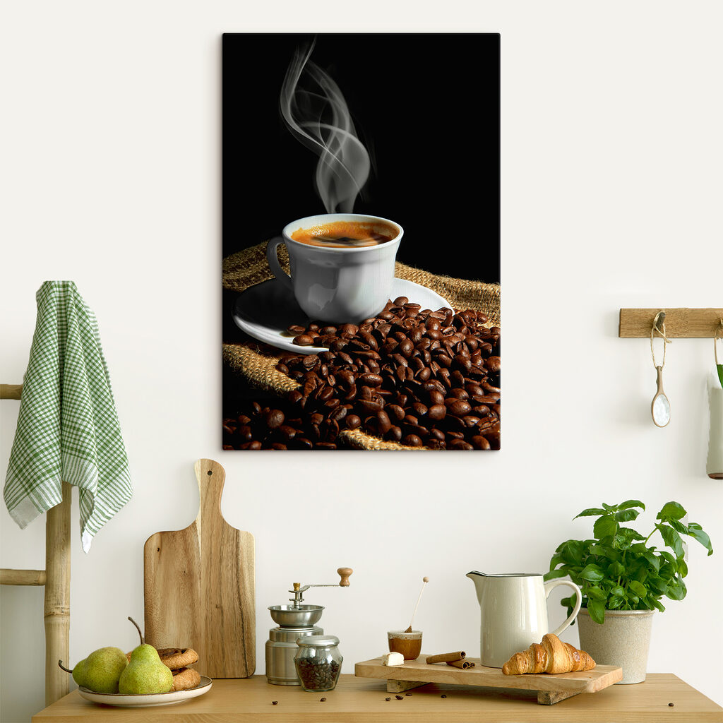 A cup of coffee with smoke on a saucer and beans A cup of coffee with smoke on a saucer and beans