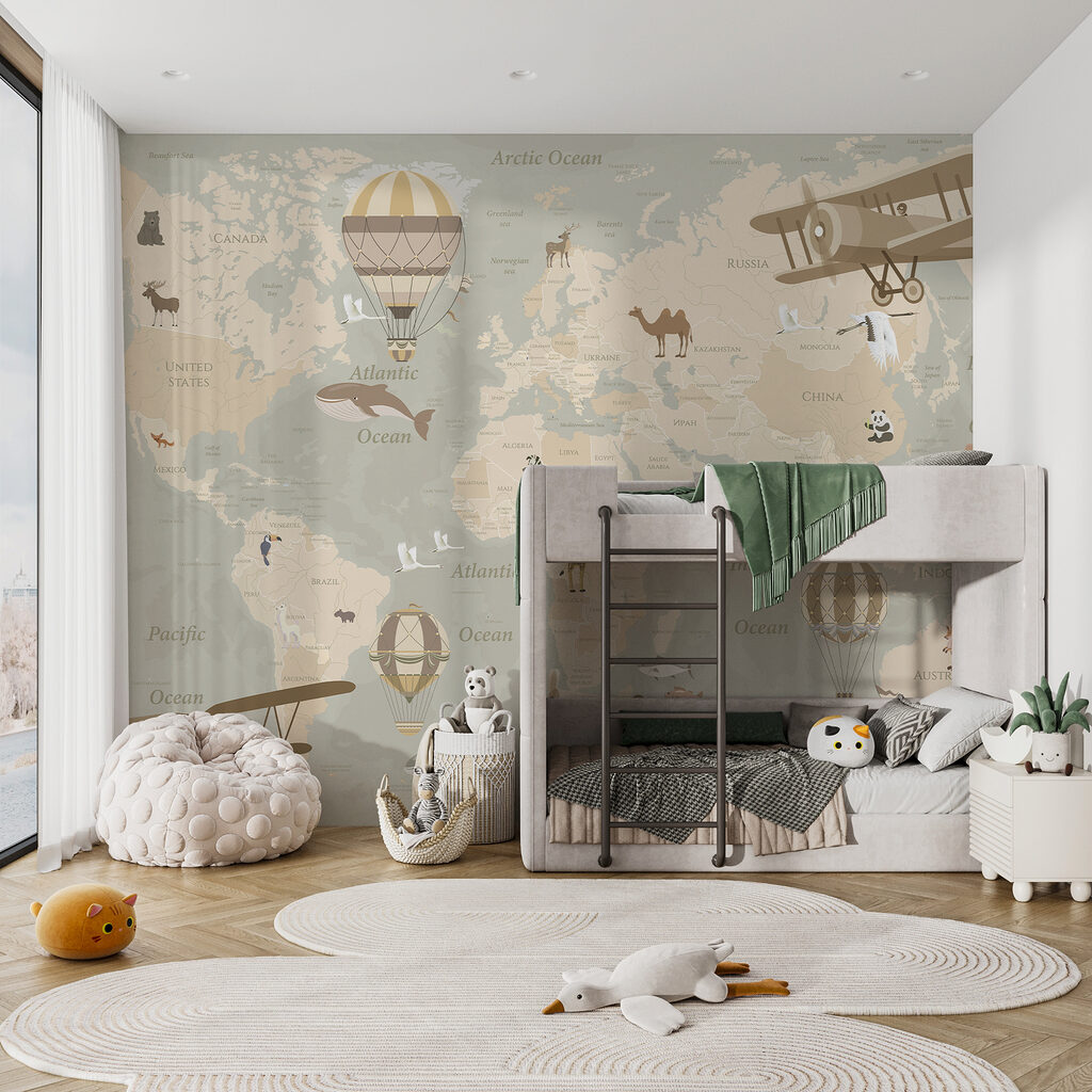 A map of the world with airplanes and hot air balloons