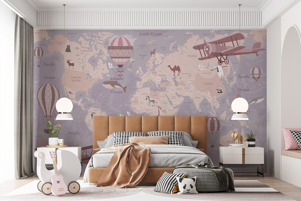 A map of the world with airplanes and hot air balloons